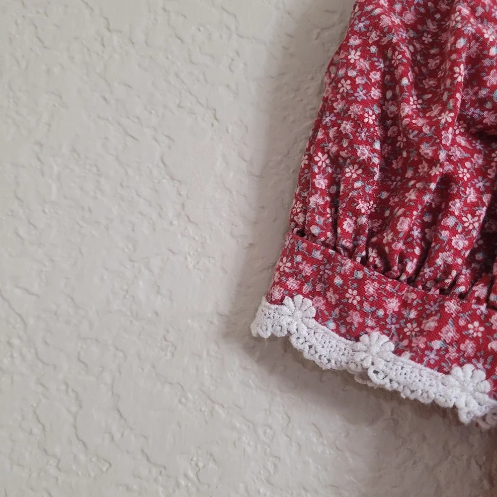 Vintage Sarah Kent 4T Red Floral Puff Sleeve Dress Lace Collared Bow Cottagecore